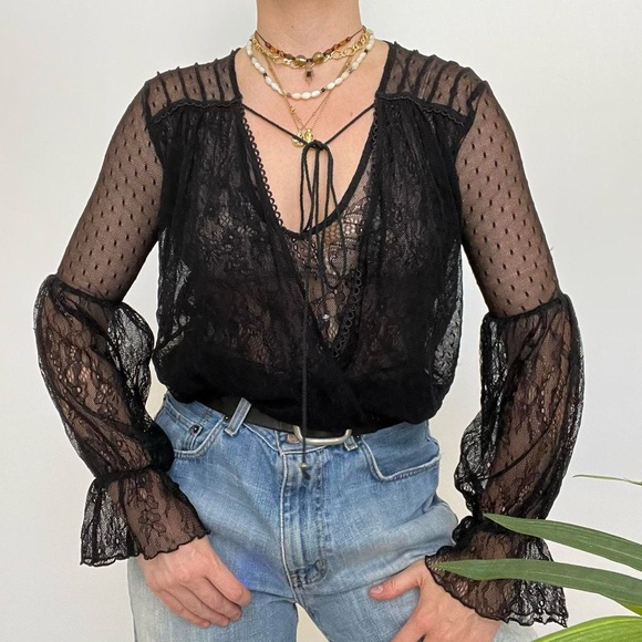Free People Long sleeve semi sheer black lace blouse w ruffles at wrist - Picture 7 of 9